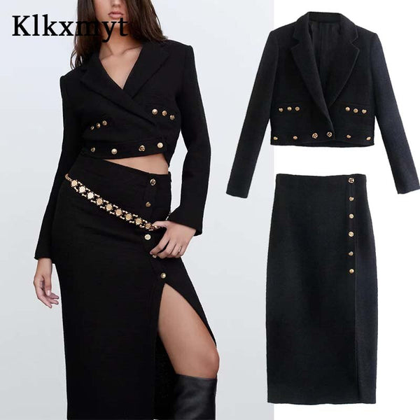 Klkxmyt Za Women Suits With Skirt Sets 2023 Metal Button Office Cropped Casual Blazers Coat Midi Skirt Set Woman Suit