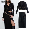 Klkxmyt Za Women Suits With Skirt Sets 2023 Metal Button Office Cropped Casual Blazers Coat Midi Skirt Set Woman Suit