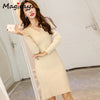 Knitted Belt Long Sleeve Dress Women 2022 Slim Bodycon Autumn Korean Elegant Fall Winter Button V Neck Sweater Midi Ribbed Dress