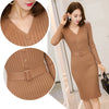 Knitted Belt Long Sleeve Dress Women 2022 Slim Bodycon Autumn Korean Elegant Fall Winter Button V Neck Sweater Midi Ribbed Dress