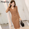 Knitted Belt Long Sleeve Dress Women 2022 Slim Bodycon Autumn Korean Elegant Fall Winter Button V Neck Sweater Midi Ribbed Dress