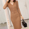 Knitted Belt Long Sleeve Dress Women 2022 Slim Bodycon Autumn Korean Elegant Fall Winter Button V Neck Sweater Midi Ribbed Dress