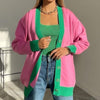 Knitted Cardigans Women Y2K Oversized V Neck Patchwork Knitwear Tops Winter Casual Loose Long Sleeve Sweater Gilet Femme