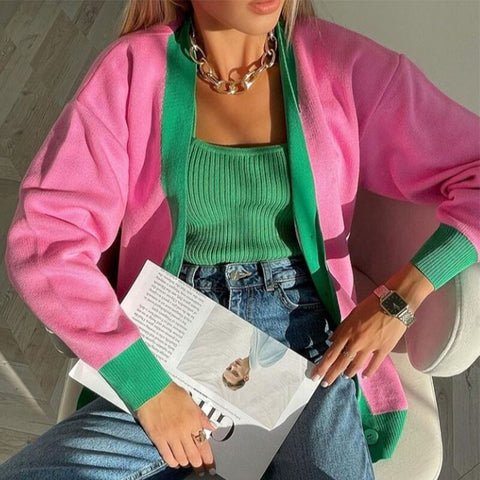 Knitted Cardigans Women Y2K Oversized V Neck Patchwork Knitwear Tops Winter Casual Loose Long Sleeve Sweater Gilet Femme