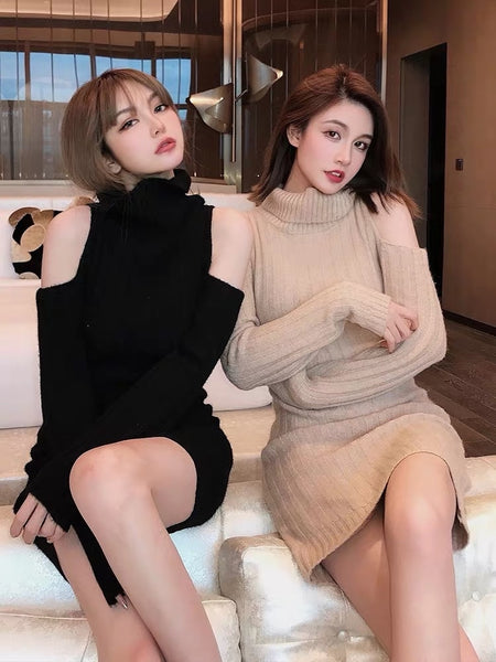 Knitted Dresses Imitation Yak Wool Yarn Black Ash Color Card Third Fall Winder Temperament Off-The-Shoulder Turtleneck Dress
