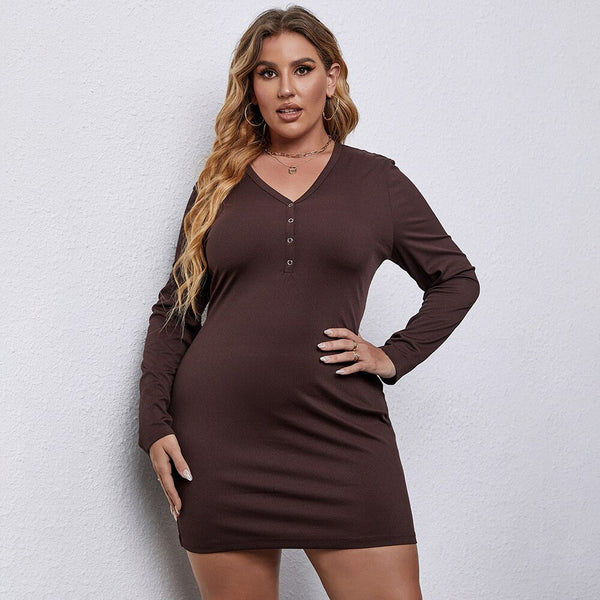 Knitted Long Sleeves Mini Dress Women 2023 Spring Sexy V Neck Button Solid Plus Size Casual Bodycon Dresses Woman