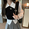 Knitted Patchwork Kawaii Blouses Vintage Japanese Women Korean Preppy Style Long Sleeve Shirt Fake Two Piece School Crop Tops