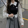 Knitted Patchwork Kawaii Blouses Vintage Japanese Women Korean Preppy Style Long Sleeve Shirt Fake Two Piece School Crop Tops
