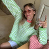 Knitted Pullover Sweater Women Casual O Neck Loose Sweater Winter Y2K Top Green Striped Sweaters Oversized Outwear