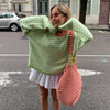 Knitted Pullover Sweater Women Casual O Neck Loose Sweater Winter Y2K Top Green Striped Sweaters Oversized Outwear