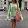 Knitted Pullover Sweater Women Casual O Neck Loose Sweater Winter Y2K Top Green Striped Sweaters Oversized Outwear