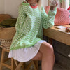 Knitted Pullover Sweater Women Casual O Neck Loose Sweater Winter Y2K Top Green Striped Sweaters Oversized Outwear