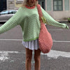 Knitted Pullover Sweater Women Casual O Neck Loose Sweater Winter Y2K Top Green Striped Sweaters Oversized Outwear