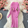 Knitted Rib Maxi Dress Korean Clothing Elegant Solid Black A Line Long Sleeve Sexy Bodycon Robe Pullover Casual Ladies Vestidos