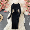 Knitted Rib Maxi Dress Korean Clothing Elegant Solid Black A Line Long Sleeve Sexy Bodycon Robe Pullover Casual Ladies Vestidos