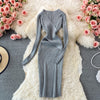 Knitted Rib Maxi Dress Korean Clothing Elegant Solid Black A Line Long Sleeve Sexy Bodycon Robe Pullover Casual Ladies Vestidos