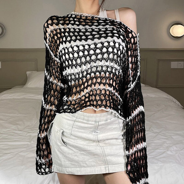 Knitted Striped Smocks Sweaters Hollowed Out Gothic Crop Tops Grunge Y2k Loose Long Sleeve Women Pullovers Punk Knitwear