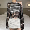 Knitted Striped Smocks Sweaters Hollowed Out Gothic Crop Tops Grunge Y2k Loose Long Sleeve Women Pullovers Punk Knitwear