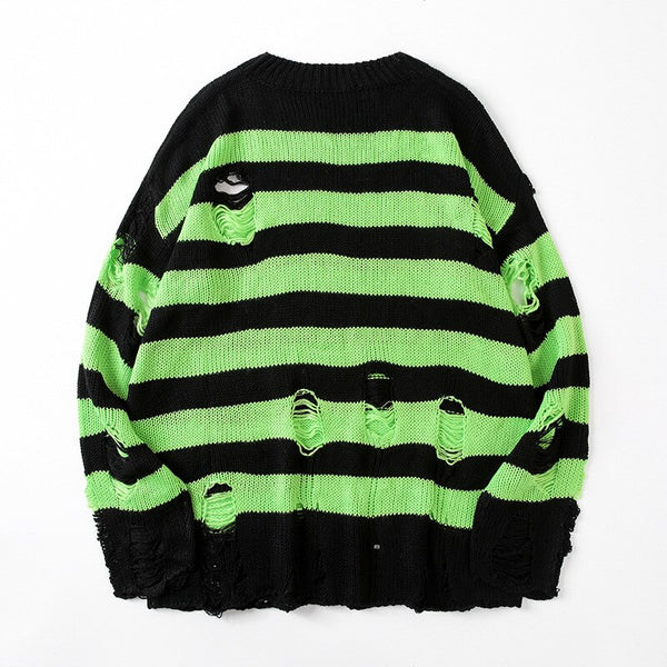 Knitted Striped Sweaters Women Hollow Out Hole Broken Sweater Autumn Jumper Loose Oversized Pullover Harajuku Streetwear