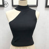 Knitted Tank Tops Women Sexy Cold Shoulder Black Solid Casual Tank Tops Tees Sleeveless Elastic Tees With Shiny Summer 2022