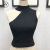 Knitted Tank Tops Women Sexy Cold Shoulder Black Solid Casual Tank Tops Tees Sleeveless Elastic Tees With Shiny Summer 2022
