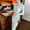 Knitting V-Neck Dresses Long Knee-Length Dress Female Fall Winter Mao Cultivate One'S Morality Show Thin Brim Inside Take Slim