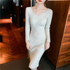 Knitting V-Neck Dresses Long Knee-Length Dress Female Fall Winter Mao Cultivate One'S Morality Show Thin Brim Inside Take Slim