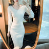 Knitting V-Neck Dresses Long Knee-Length Dress Female Fall Winter Mao Cultivate One'S Morality Show Thin Brim Inside Take Slim