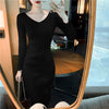Knitting V-Neck Dresses Long Knee-Length Dress Female Fall Winter Mao Cultivate One'S Morality Show Thin Brim Inside Take Slim