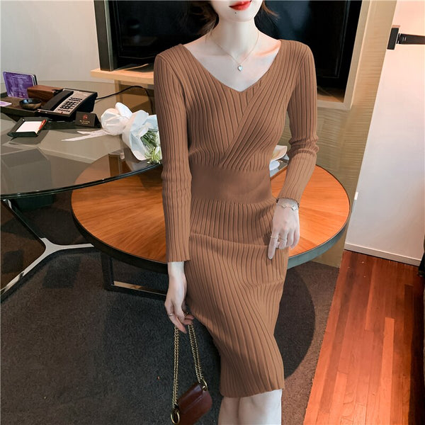 Knitting V-Neck Dresses Long Knee-Length Dress Female Fall Winter Mao Cultivate One'S Morality Show Thin Brim Inside Take Slim
