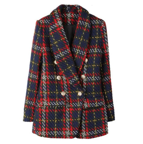 Autumn Winter Tweed Blazer Women Slim Gold Button Double Breasted Pockets Blazer Jackets Lady Vintage Coat