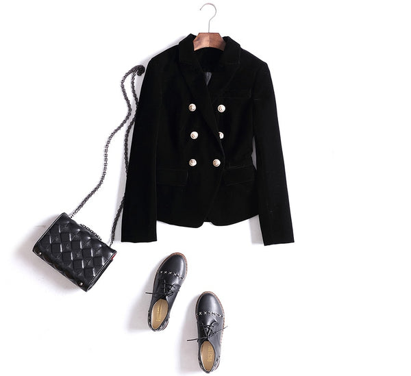 Autumn Winter Women's Blazers Long Sleeve Golden Button Slim Lady Velvet Jackets and Coats Black Wine Red M-2XL