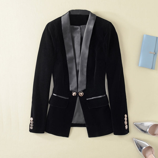 2022 Black Blue Velvet Blazer Jacket Women Spring Autumn Golden Button Elegant Vlevet Jackets Office Lady Blazers Coat