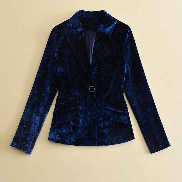 Fall Winter Blue Velvet Blazer Women Pockets High Quality one Button Casual Office Suit Jacket Elegant Blazers
