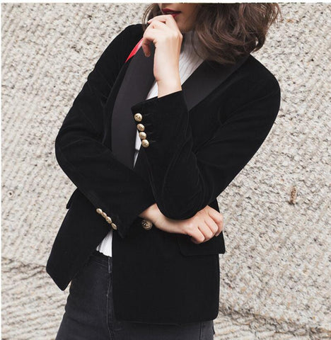2022 Spring  Black Velvet Blazer Women Slim Golden Button Slim Long Sleeve Casual Blazers and Jackets with Pockets