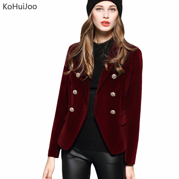 KoHuiJoo 2023 Spring Autumn Women's Blazers Long Sleeve Golden Button Slim Lady Velvet Jackets and Coats Black Wine Red