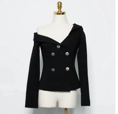 Black White Sexy Off Shoulder Blazer Double Breasted Slash Neck Vintage Slim Coats Office Lady Casual Women Suit Jacket