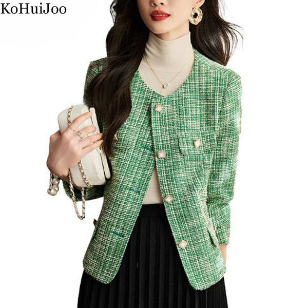 KoHuiJoo  Green Blue Autumn Coat Women Korean Style Solid Formal Short Long Sleeve Tweed Woolen Jacket Plus Size Ladies Coat