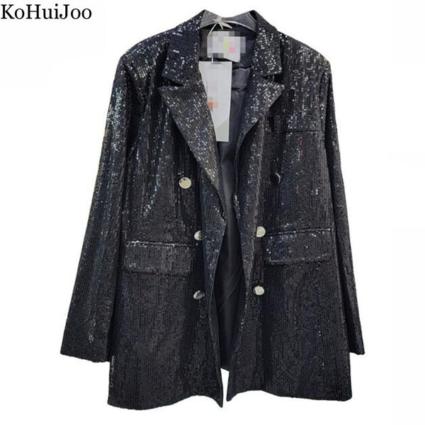 KoHuiJoo Korean Designer Blazer Women Autumn 2023 Double Breasted Loose Sequin Sequined Jacket Black Formal Outerwear