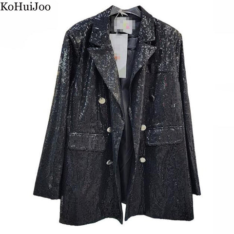 KoHuiJoo Korean Designer Blazer Women Autumn 2023 Double Breasted Loose Sequin Sequined Jacket Black Formal Outerwear