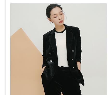 Spring Autumn Korean Women Velvet Blazer Black Blue Green Wine red Plus Size Ladies Office Blazers Double Breased 3XL