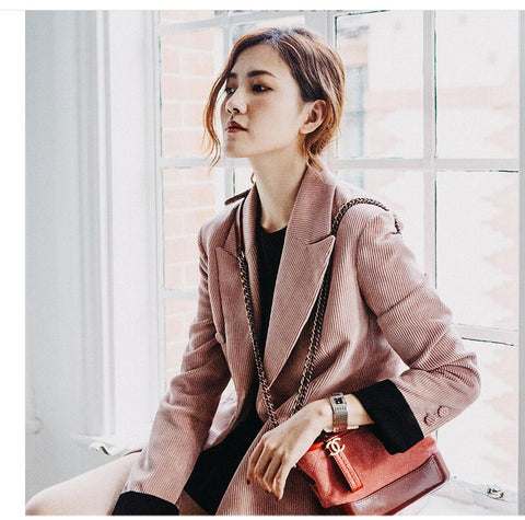 Spring Autumn Pink Corduroy Blazer Women Button Double Breasted Slim Suit Blazers and Jackets Casual Office Blazers