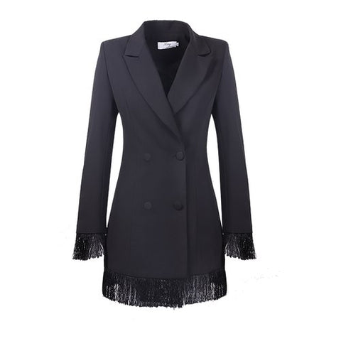 Spring Office Ladies Blazers Long Sleeve Long Suit Jackets Women Designs Double Breasted Tassel Blazer Femme Slim Black