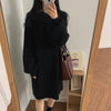 Korea Chic Autumn O-neck Lantern Sleeve Sweater Dress Casual Women Winter Loose Black Warm Vestidos Dress Robe Femme