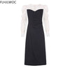 Korea Chic Fenimine Vestidos Women Patchwork Square Neck Elegant Office Lady Solid Black Dress