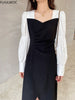 Korea Chic Fenimine Vestidos Women Patchwork Square Neck Elegant Office Lady Solid Black Dress