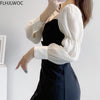 Korea Chic Fenimine Vestidos Women Patchwork Square Neck Elegant Office Lady Solid Black Dress