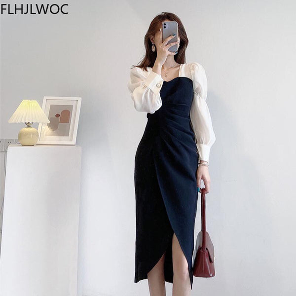 Korea Chic Fenimine Vestidos Women Patchwork Square Neck Elegant Office Lady Solid Black Dress