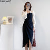 Korea Chic Fenimine Vestidos Women Patchwork Square Neck Elegant Office Lady Solid Black Dress