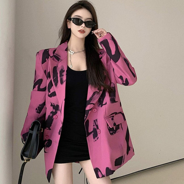 Korea Chic Temperament Rose Red Blazer Women Autumn 2023 Notched Loose Double Breasted Split Long Sleeve Suit Jacket